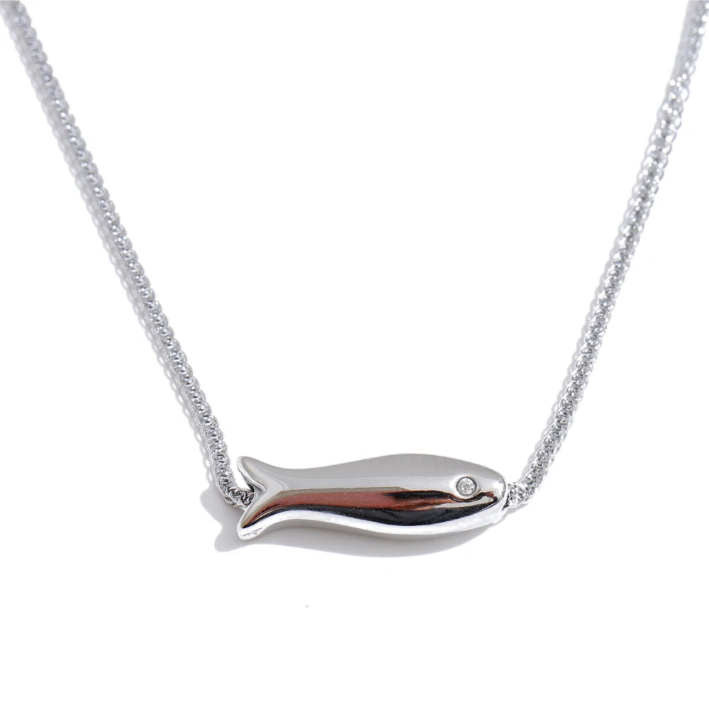 Yhpup Chic Stainless Steel Zircon Fish Pendant Necklace Gold & Platinum PVD Plated Waterproof Exquisite Jewelry Gift for Women YH800A Platinum