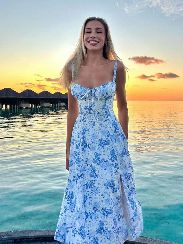 Mingmingxi Floral Print Summer Holiday Dress Elegant Midi Spaghetti Strap Lace Up Dress A Line Casual Women Clothing 2024 blue print