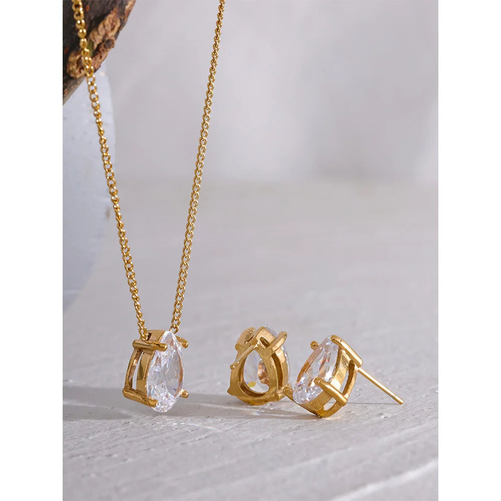 Yhpup Delicate Shiny Cubic Zirconia Stainless Steel Water Drop Pendant Necklace Stud Earrings Waterproof Jewelry Chic Party Gift