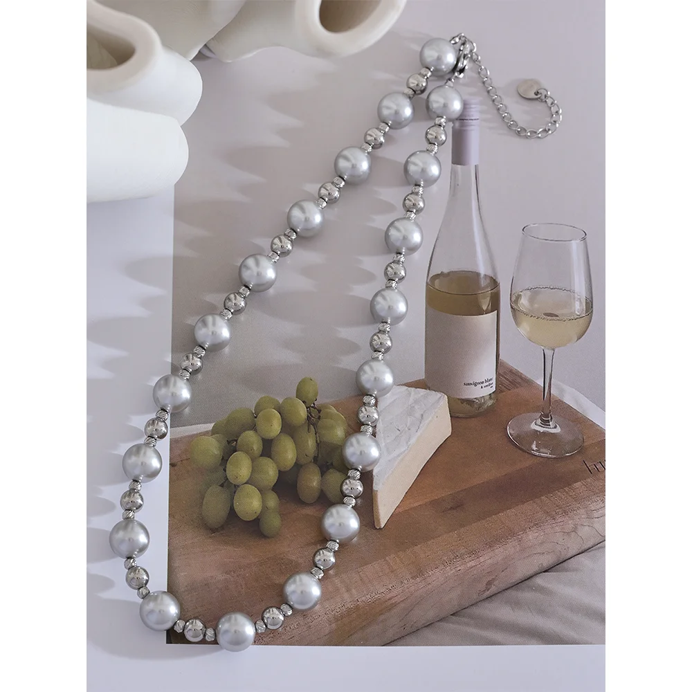 Yhpup Grey Imitation Pearl Beads Handmade Chain Stainless Steel Collar Necklace Fashion Temperament Charm Women Jewelry Gala