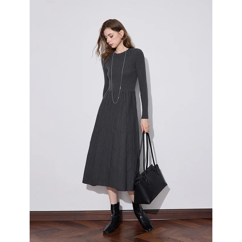 Vestido Midi de Malha Cinza Manga Longa para Inverno