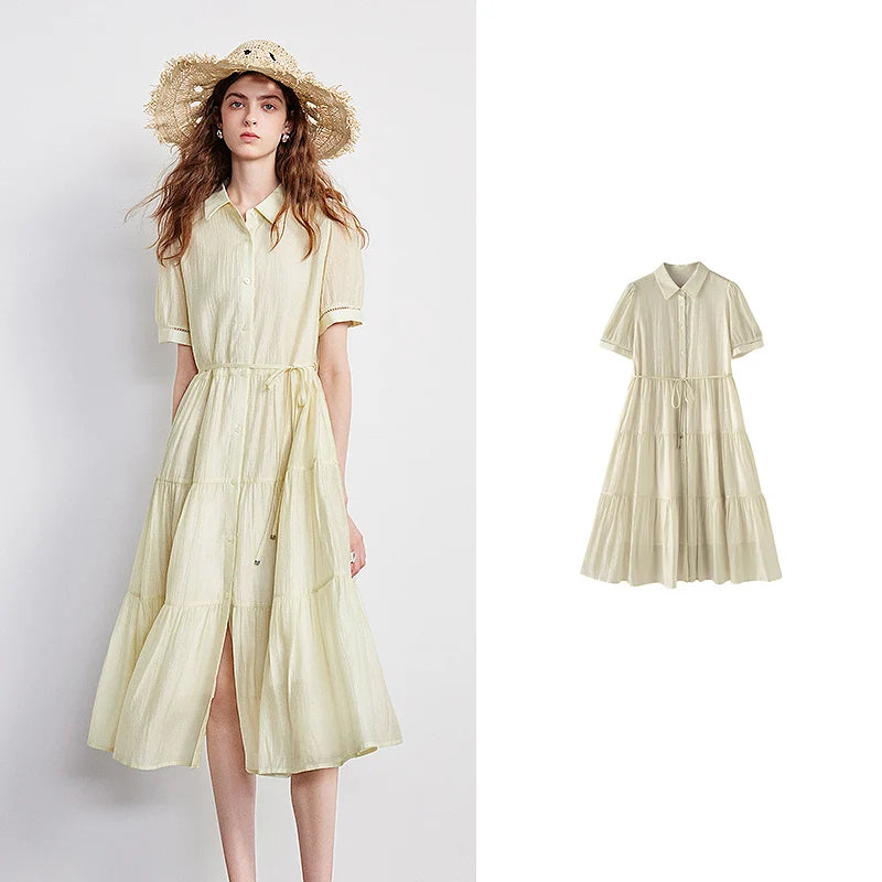 Vestido Midi Azul-Claro de Liocel com Botões Light Yellow