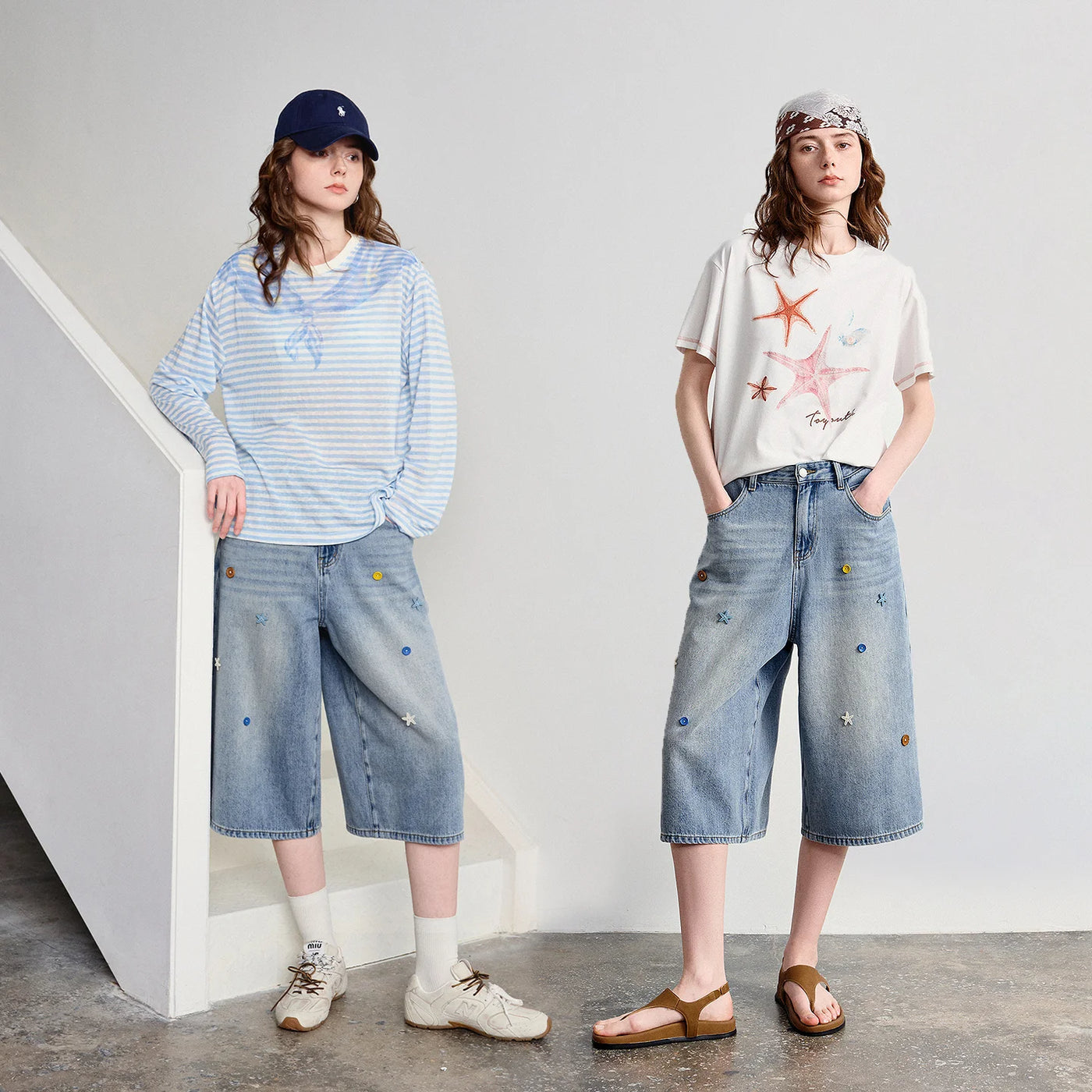 Calça Jeans Feminina Wide Leg Cropped com Botões Coloridos