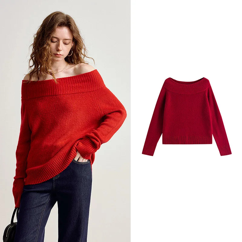 Suéter Vermelho Ombro a Ombro com Toque Mohair