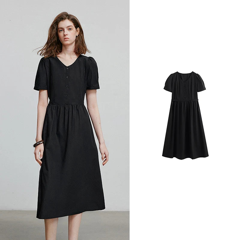 Vestido Midi com Decote V e Manga Bufante Verde