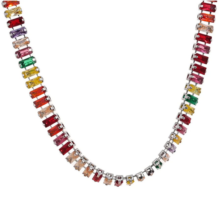 Yhpup Pull-out Adjustable Luxury Colorful Cubic Zirconia Chain Necklace Stainless Steel Waterproof Fashion Bling Jewelry Women YH2346A P-Colorful