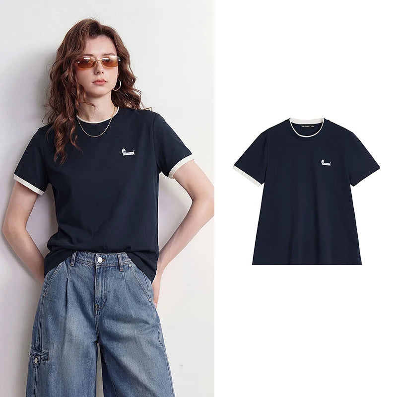 Camiseta Feminina Antibacteriana Color Block com Bordado Cachorro