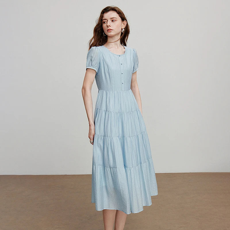 Vestido Jeans Midi com Manga Bufante