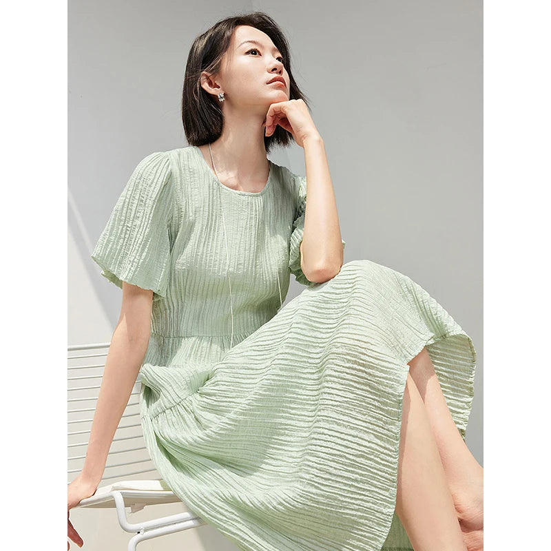 Vestido Midi Plissado com Manga Bufante