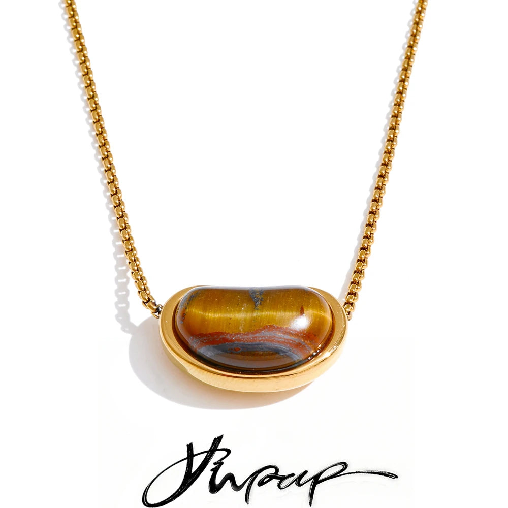 Yhpup Natural Tiger Stone Oval Pendant Necklace ( chain crossing pendant ) Stainless Steel Collar Jewelry Waterproof Wholesale