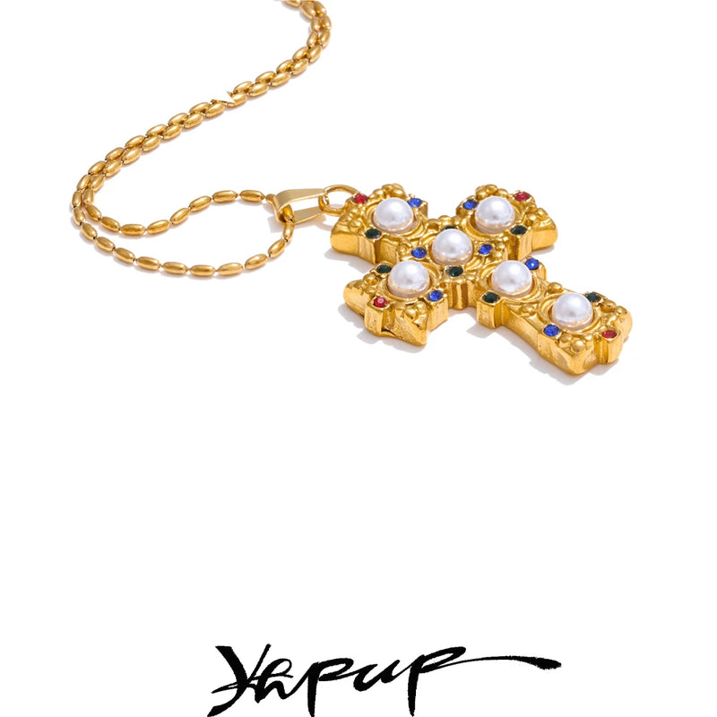 Colar Feminino Cruz com Pérola em Aço Inoxidável