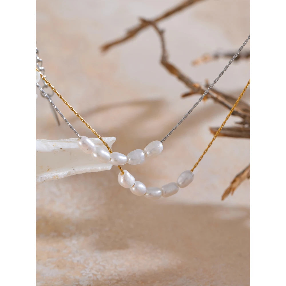 Yhpup Natural Freshwater Pearls Stainless Steel Chain Necklace for Women Waterproof Chic Fashion Collar Jewelry Gift Waterproof