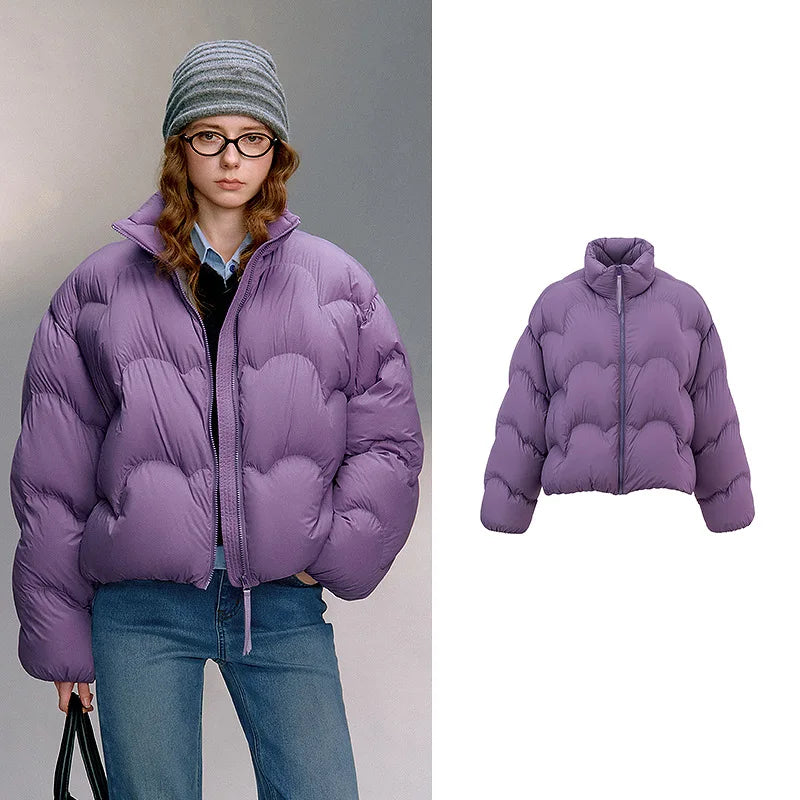 Jaqueta Puffer Feminina Leve com Gola Alta e Ondas Purple