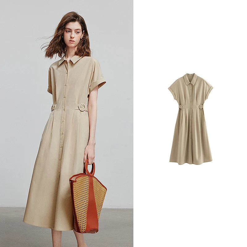 Vestido Chemise Midi em Liocel Manga Curta