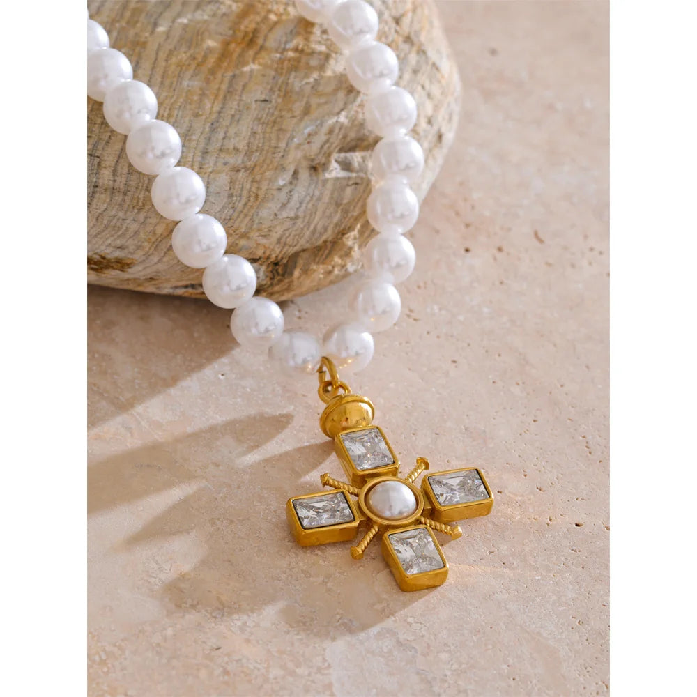 Colar Feminino Cruz com Pérola em Aço Inoxidável 3
