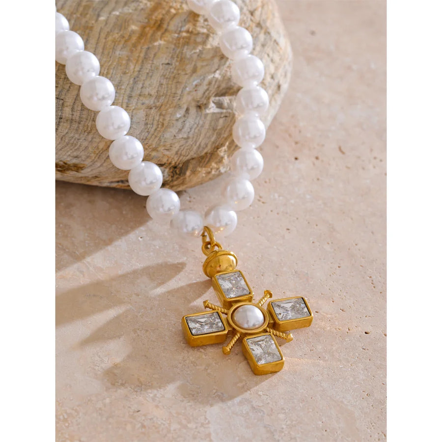 Colar Feminino Cruz com Pérola em Aço Inoxidável 3