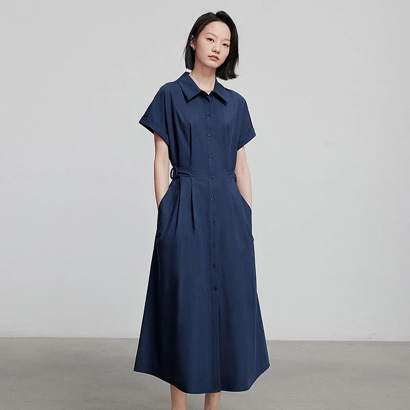 Vestido Chemise Midi em Liocel Manga Curta