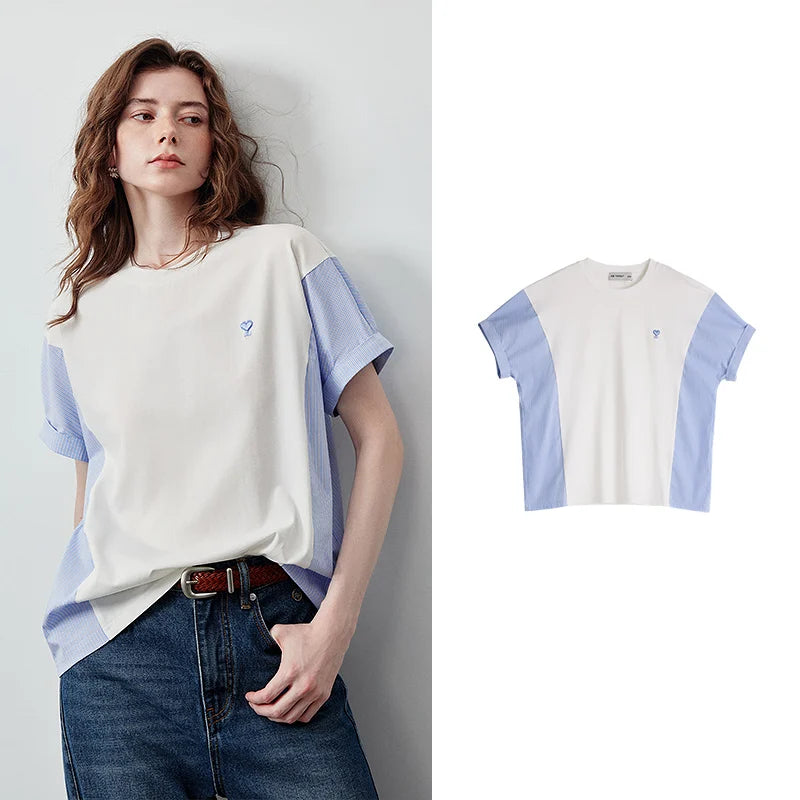 Camiseta Feminina Antibacteriana Listrada com Patchwork