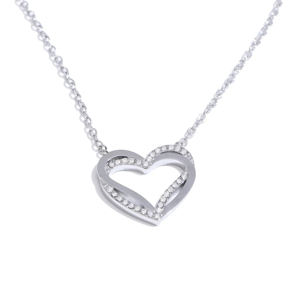 Yhpup Fashion Stainless Steel Zirconia Heart Love Hollow Pendant Necklace for Women Exquisite Romantic Jewelry Girlfriend Gift YH4956A Platinum