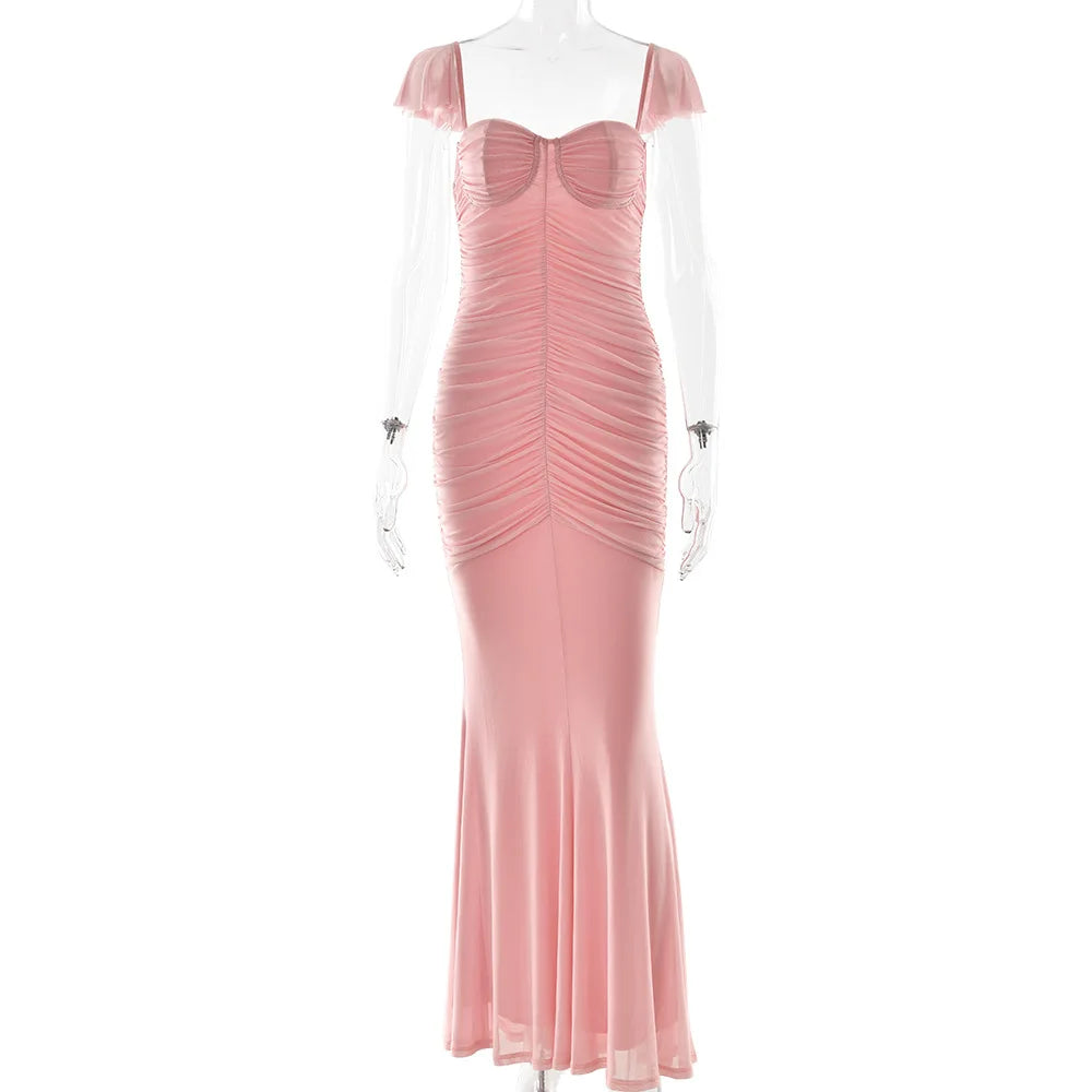 Vestido Longo Feminino Sereia com Franzidos e Alça de Tule Pink