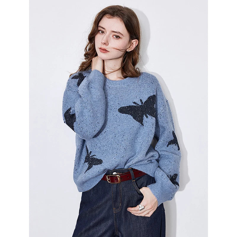 Suéter Feminino com Borboletas e Aplicação de Contas