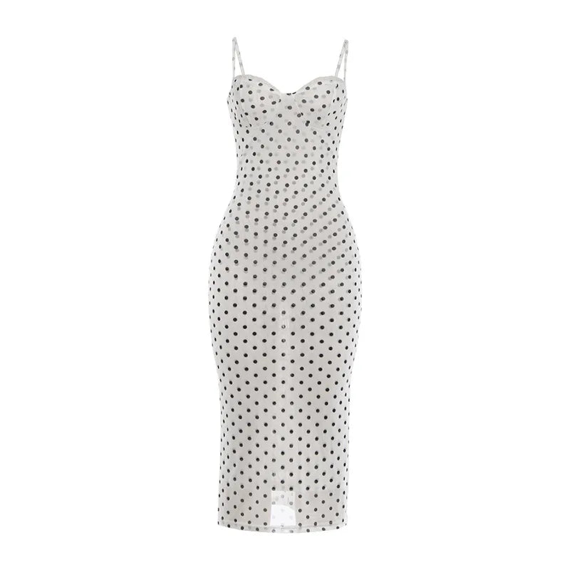 Vestido Midi Feminino Poá com Renda e Alças Finas White