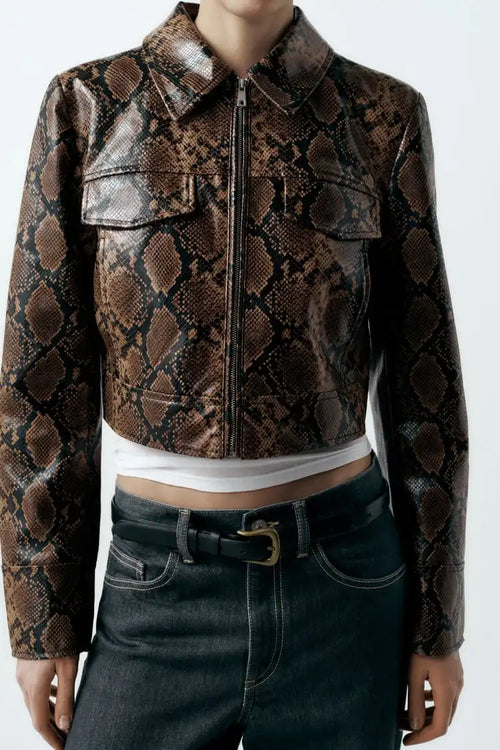 Jaqueta Animal Print Marrom com Zíper