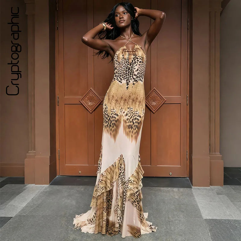 Vestido Midi Feminino Animal Print com Gola Degagê