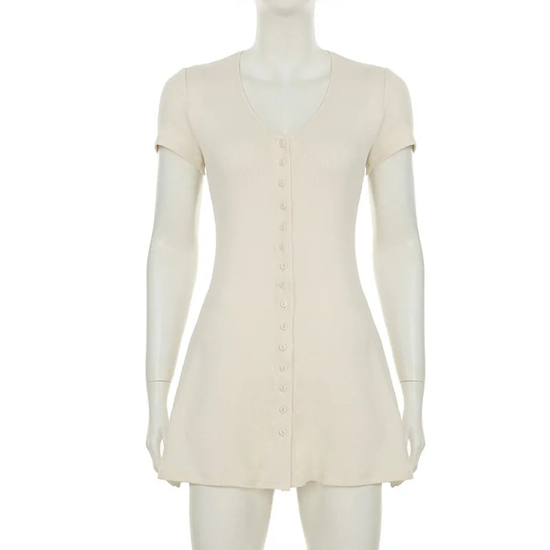 Vestido Curto Feminino de Tricô com Botões Frontais White