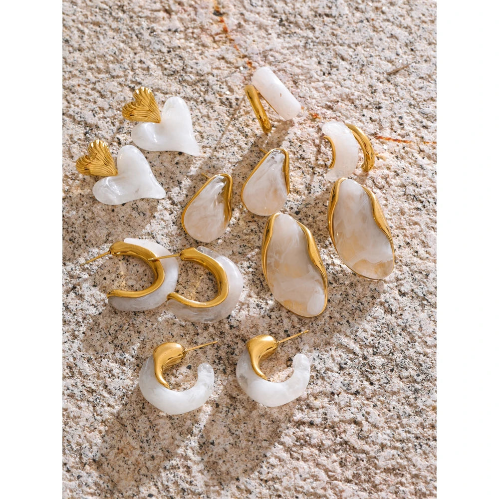 Yhpup Stylish White Resin Heart C-Shape Geometric Earrings for Women Stainless Steel Golden Daily Versatile Jewelry Gift