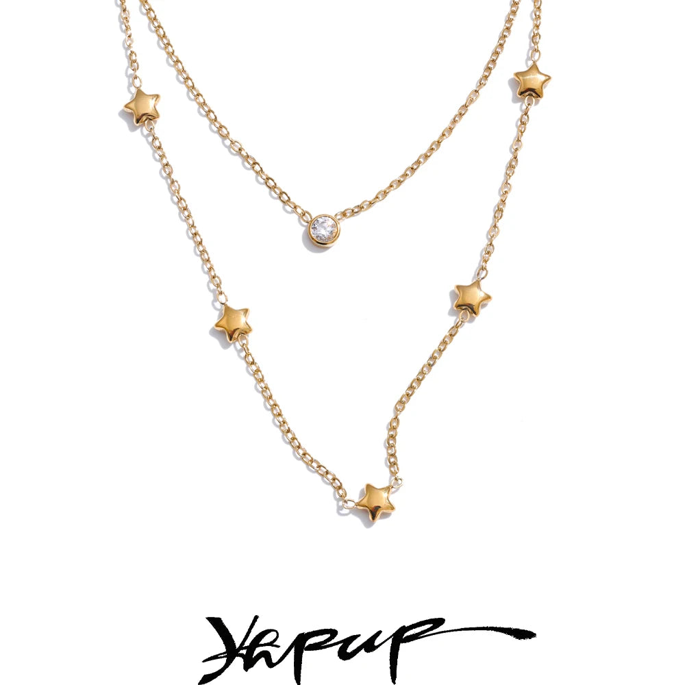 Colar Feminino de Camadas Estrela com Zircônia em Aço Inoxidável