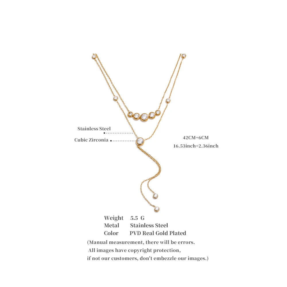 Yhpup Delicate Cubic Zirconia Double-Layer Chain Drop Tassel Luxury Necklace for Women Stainless Steel Exquisite Jewelry Gift