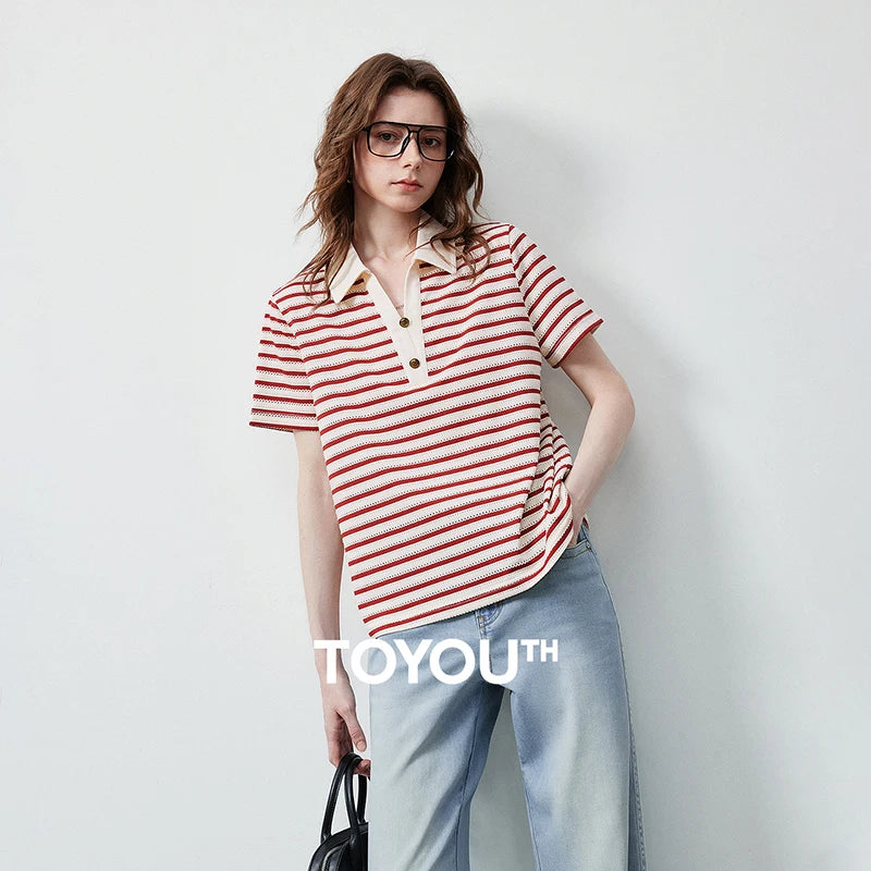 Camiseta Polo Feminina Vazado Listrada Estilo Náutico