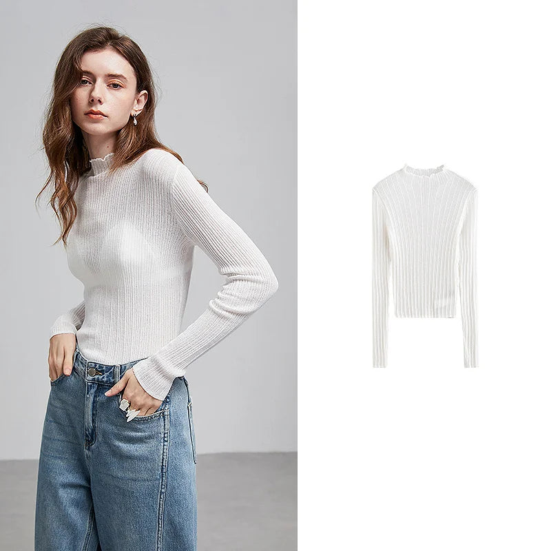 Blusa Feminina de Linho com Gola Alta e Babados
