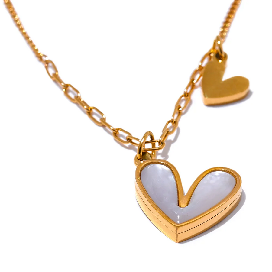 Yhpup Red Enamel White Natural Shell Stainless Steel Heart Pendant Necklace Trendy Exquisite Jewelry Attractive Accessories YH2969A White