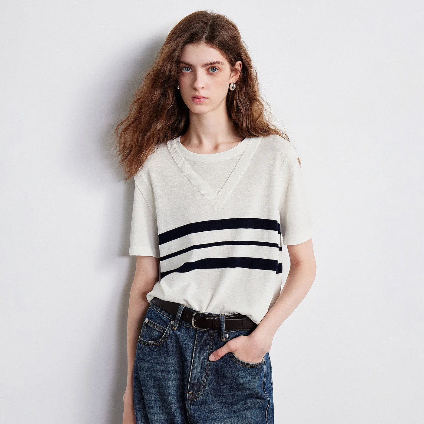 Blusa Feminina de Linho Listrada Patchwork Efeito Duas Peças