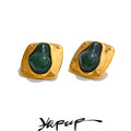 Yhpup Fashion Stainless Steel Cast Stud Earrings for Women Statement Jewelry Inlaid Green Resin Stone 18k Gold PVD Plated Gift
