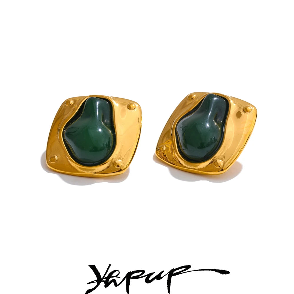 Yhpup Fashion Stainless Steel Cast Stud Earrings for Women Statement Jewelry Inlaid Green Resin Stone 18k Gold PVD Plated Gift
