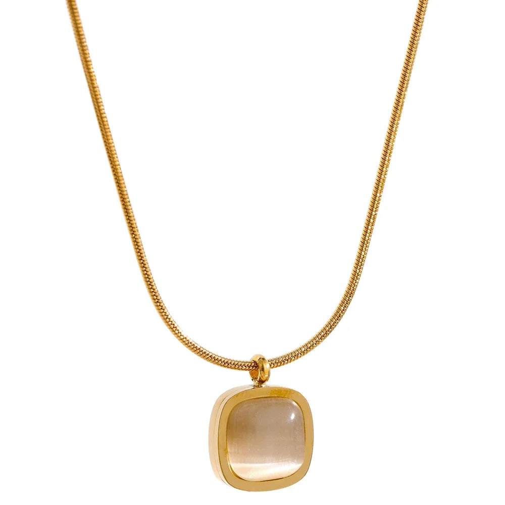 Yhpup Square Green Opal Stone Pendant Drop Dangle Necklace for Women Charm Jewelry Minimalist Geometric Stainless Steel Necklace YH111A Light