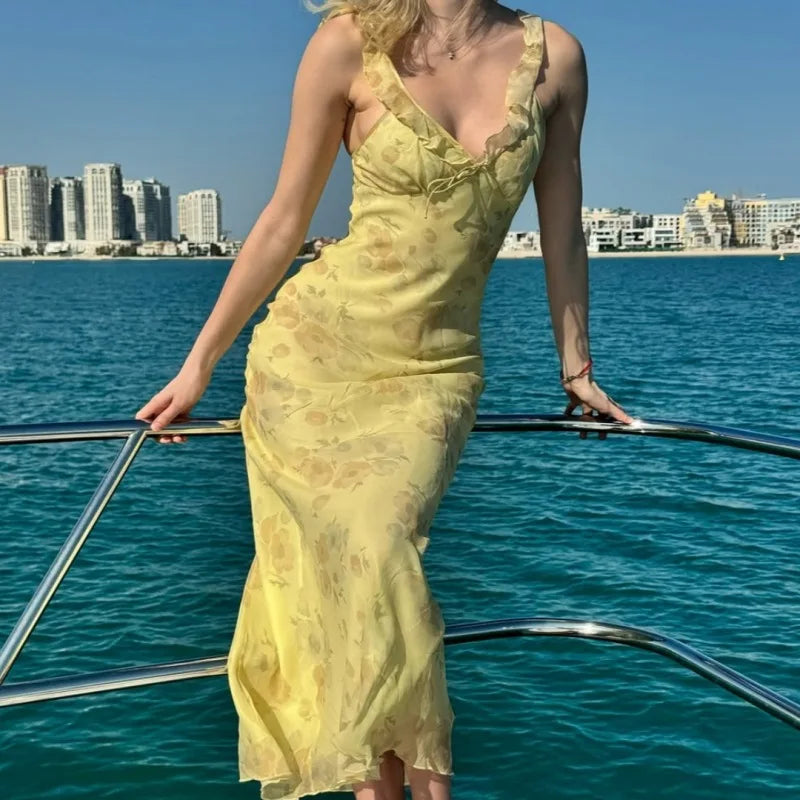 Vestido Longo Feminino Floral com Decote V e Babados