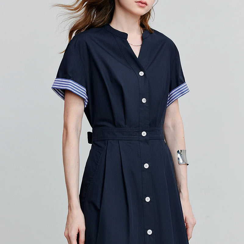 Vestido Chemise Midi Listrado com Decote V
