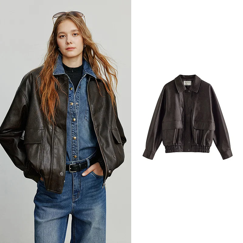 Jaqueta Feminina de Couro PU Marrom Estilo Motociclista brown