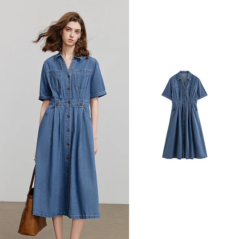 Vestido Chemise Midi Jeans com Bolsos