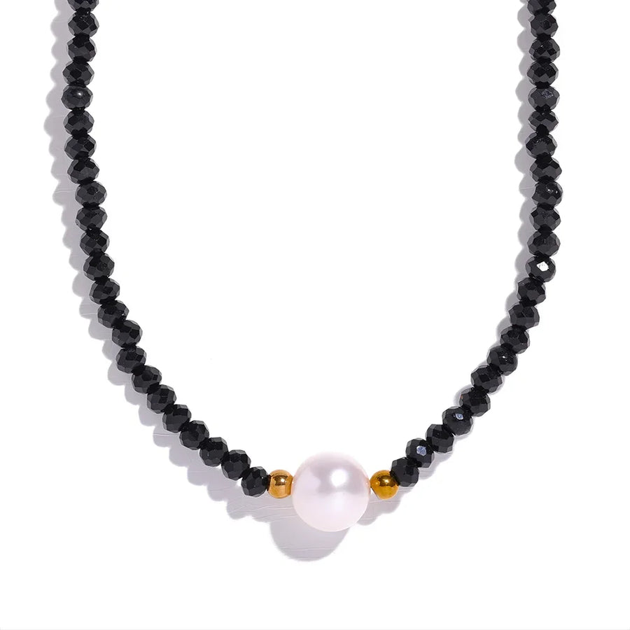 Yhpup Black Crystal Beads Chain Stainless Steel Natural Pearl Collar Necklace for Women Handmade Trade Trendy Simple Jewelry YH1540A