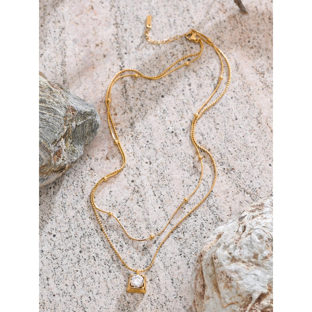 Colar Feminino de Camadas Gota com Zircônia em Aço Inoxidável 5