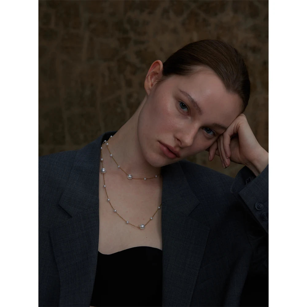 Yhpup 90+5 cm Elegant Simulated Pearl Beads Long Daily Sweater Chain Necklace 18K Golden Waterproof Chic Stainless Steel Jewelry