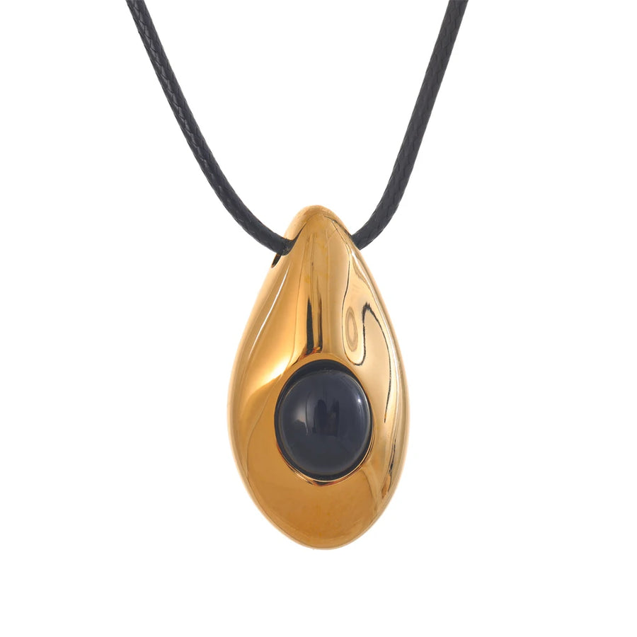 Yhpup Stainless Steel Water Drop Agate Stone Pendant PU Leather Necklace for Women Statement Fashion Jewelry Accessories New YH4178A Gold