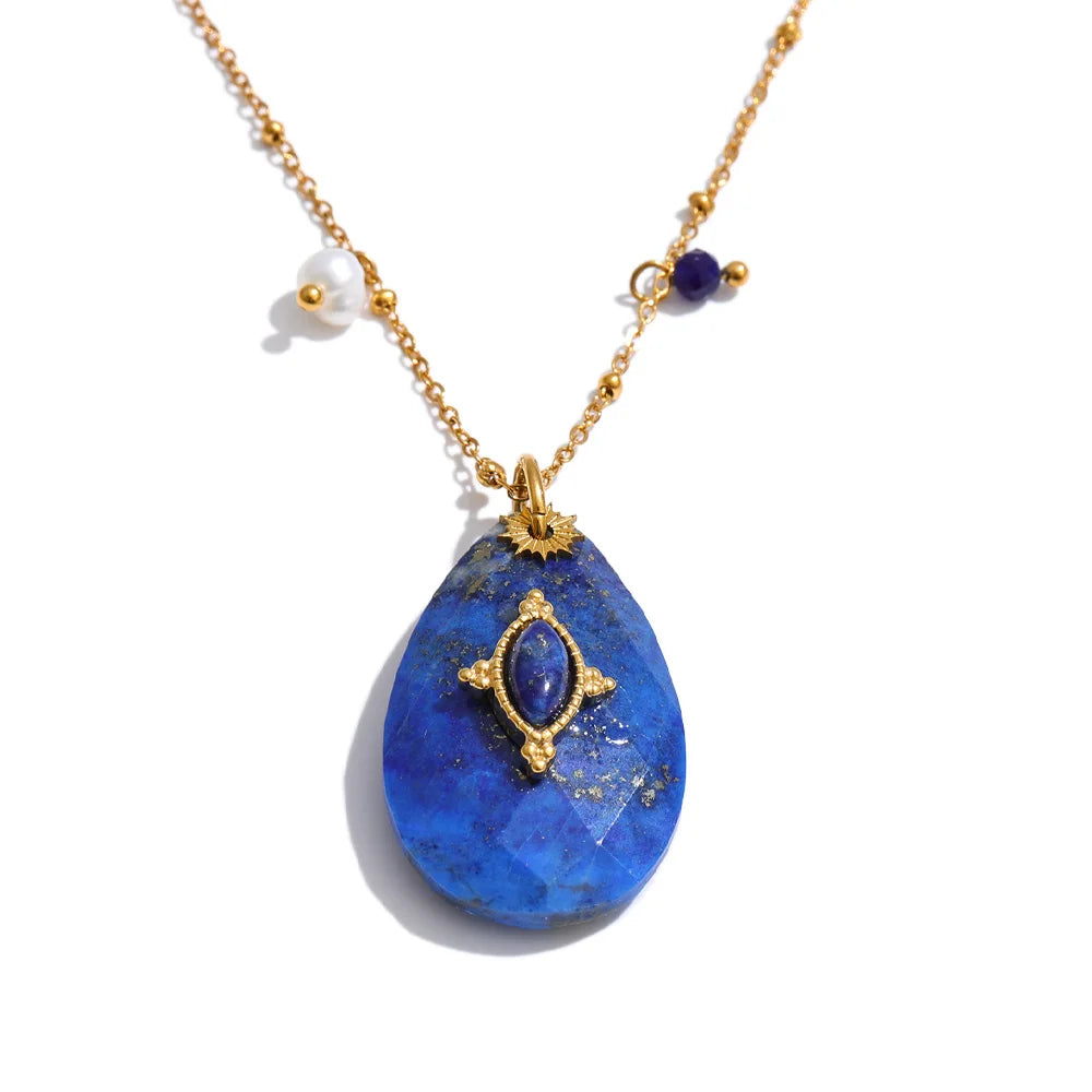 Yhpup 32mm Natural Stone Amazonite Tiger Aventurine Amethyst Drop Pendant Necklace for Women Stainless Steel France Jewelry Gift Lapis Lazuli