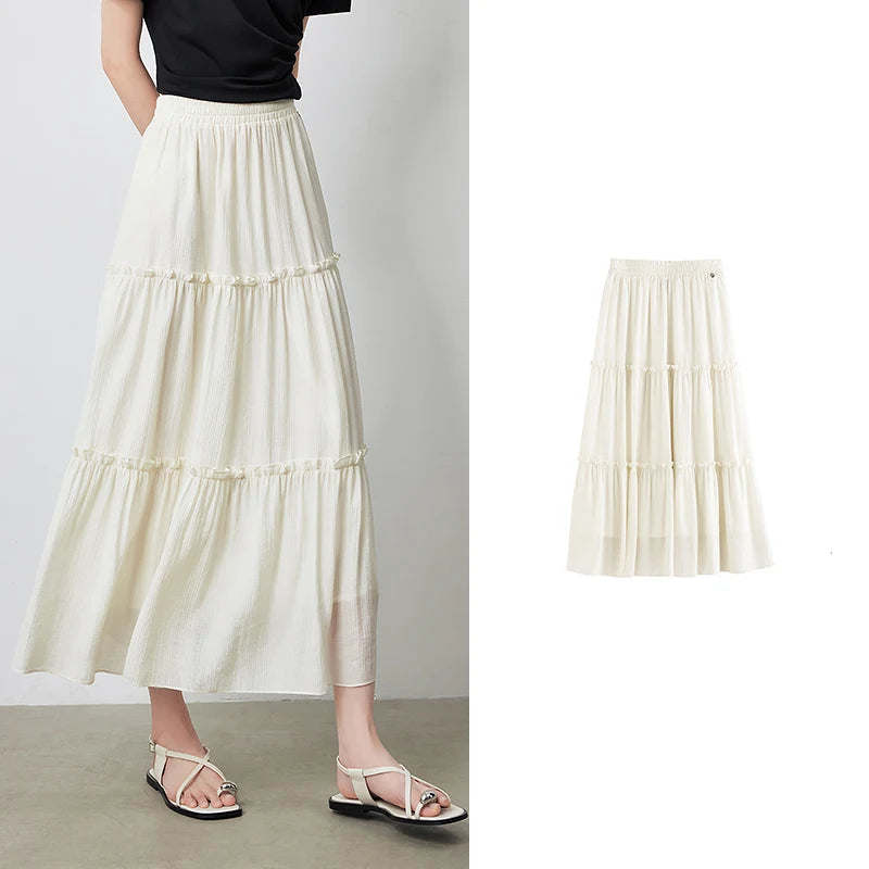 Saia Midi Feminina com Renda em Camadas