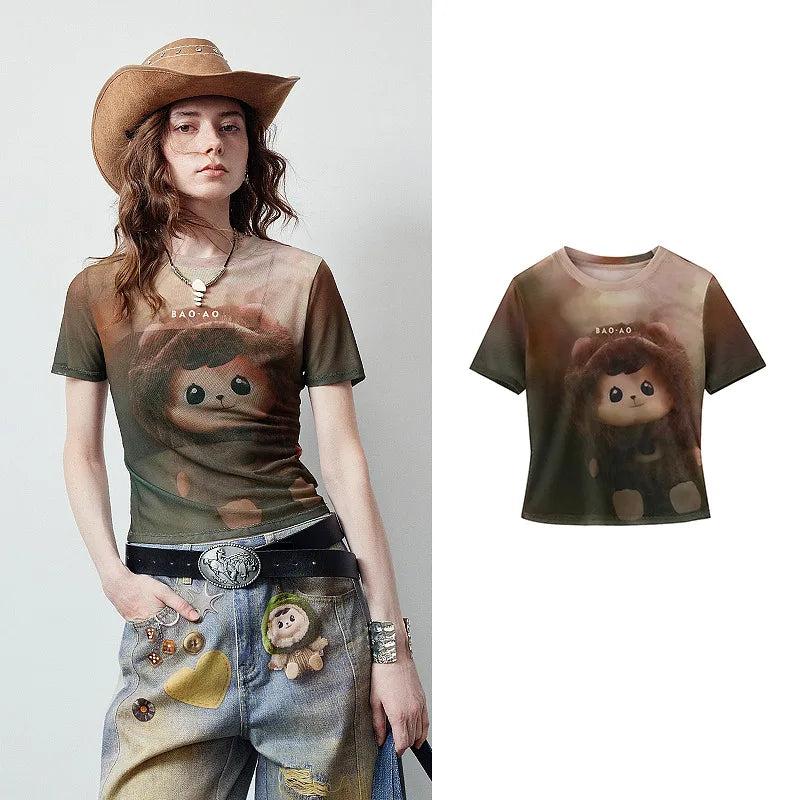 Camiseta Feminina Cropped de Tule com Estampa Urso